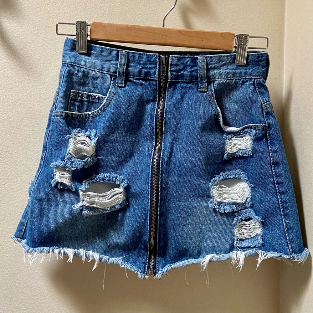 Boohoo distressed denim miniskirt